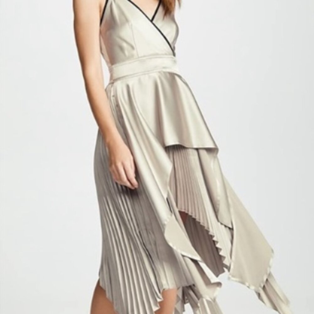 NWT Yigal Azrouel Pleated Asymmetrical Charmeuse Satin Solid Grey Dress S $1400